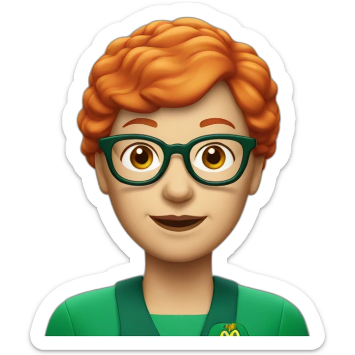 Old lady with red hair and glasses with green mcdonalds uniform and cap sticker