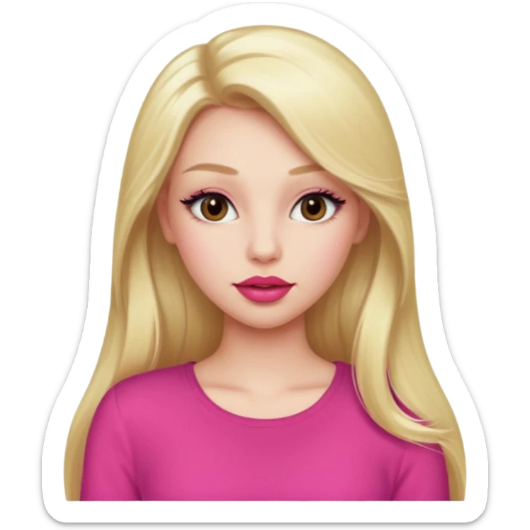 a girl with long eyelashes a pink outfit, long blonde hair, and big lips with red lipstick sticker