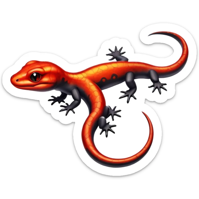 Salamander with black scales and fiery red flashes on its body, sleek and reptilian appearance sticker