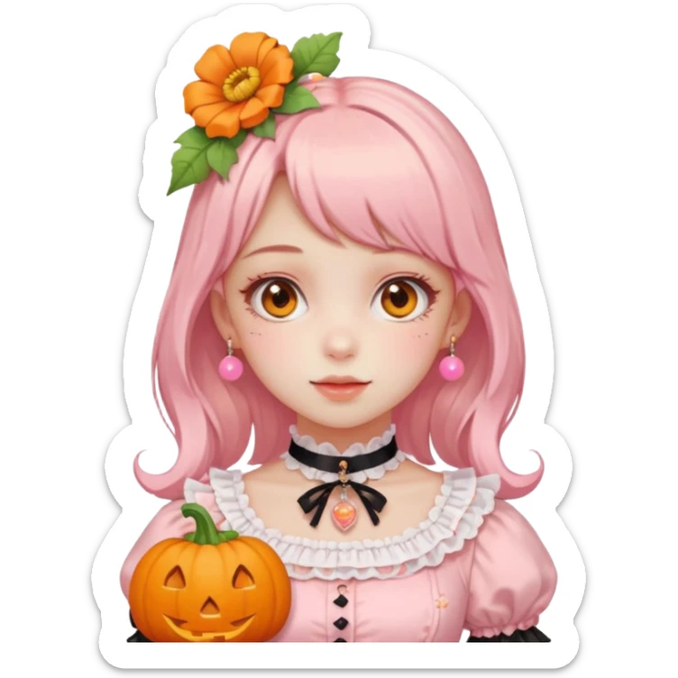 pastel pink orange halloween Lolita  flower pumpkin choker sticker