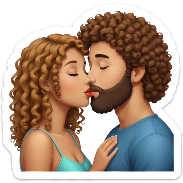 Curly haired girl kissing straight hair man with beard, romantic couple kiss sticker