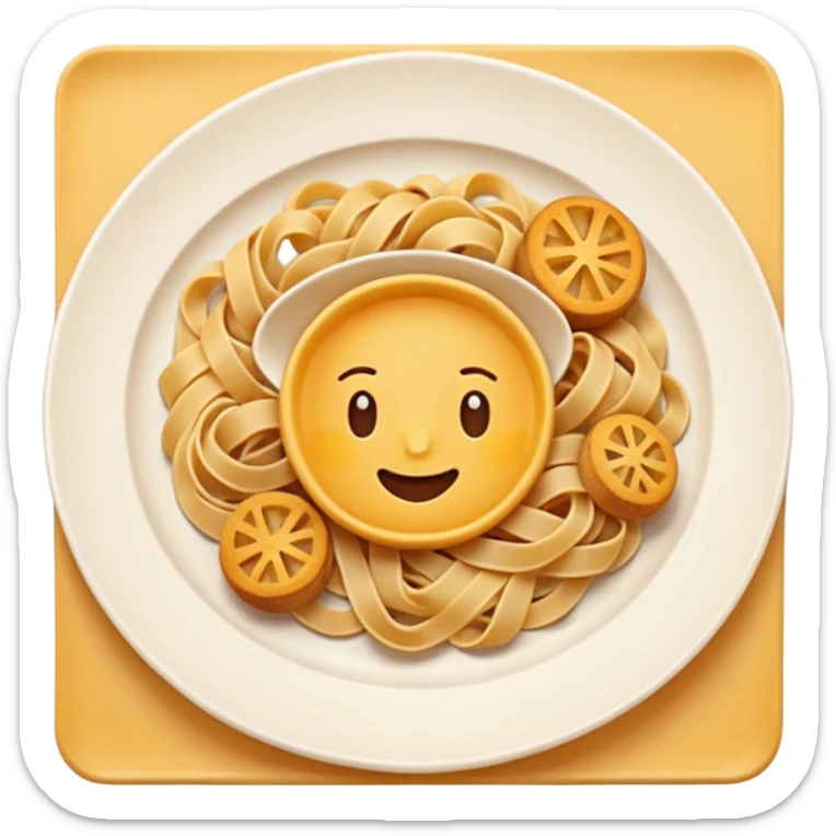 European cuisine humanless avatar in modern emoji-style illustration. Plate with pasta and bread, neutral warm colors, simple shapes, flat design, elegant and friendly. sticker
