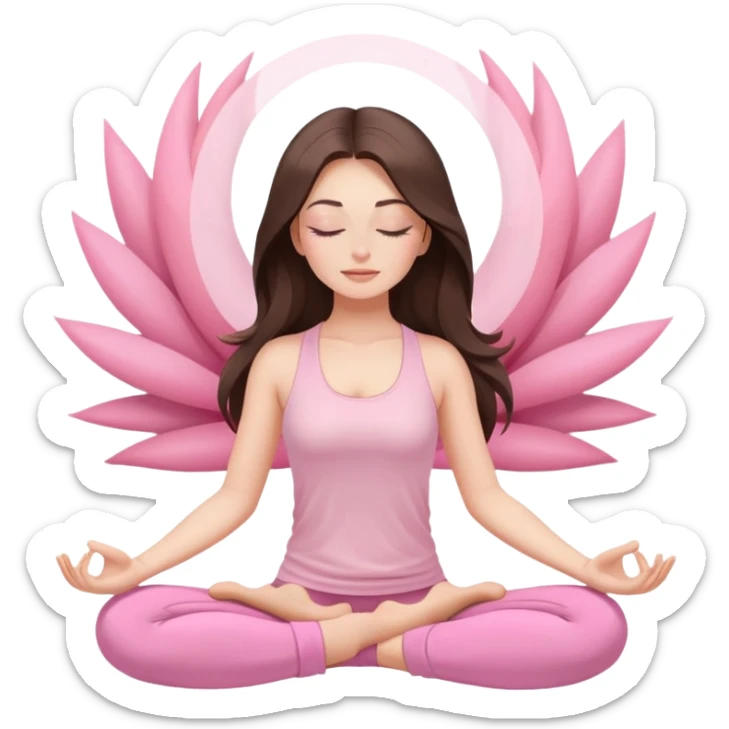 Brunette long hair Woman wearing pastel pink with eyes closed and long eyelashes doing yoga mediation  sticker