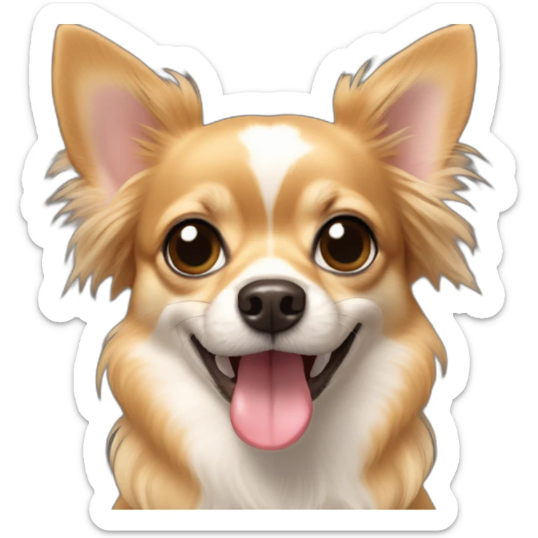 Long hair Chihuahua with light brown face and dark ridge on nose, large smile with tongue sticking out sticker