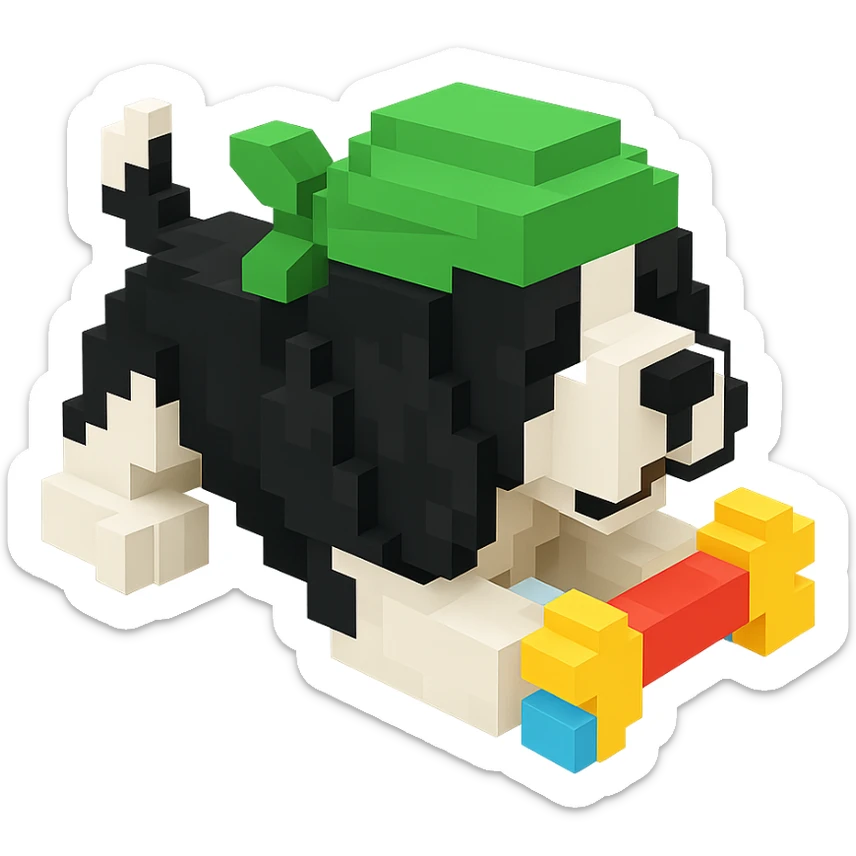 A black and white Russian Cocker Spaniel puppy wearing a green durag, voxel style, playing with a toy sticker