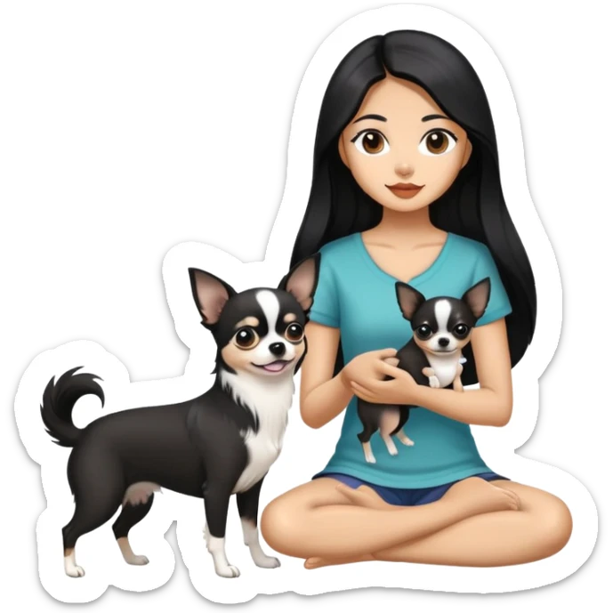 Thai woman with flowing black hair playing with a black and white Chihuahua dog sticker