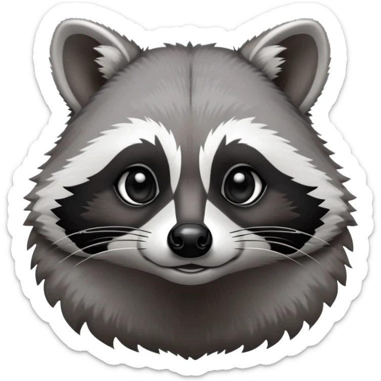 Cinematic-Noble-Raccoon-Portrait-Emoji – Poised and confident, with a sturdy build and a beautifully textured fur of silver-grey accented by dark black facial markings, deep-set, big black eyes, simplified yet sharp and sophisticated zoom out to show shoulders sticker