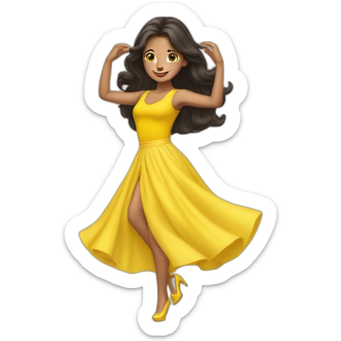 Pretty woman with dark hair dancing in a yellow skirt sticker