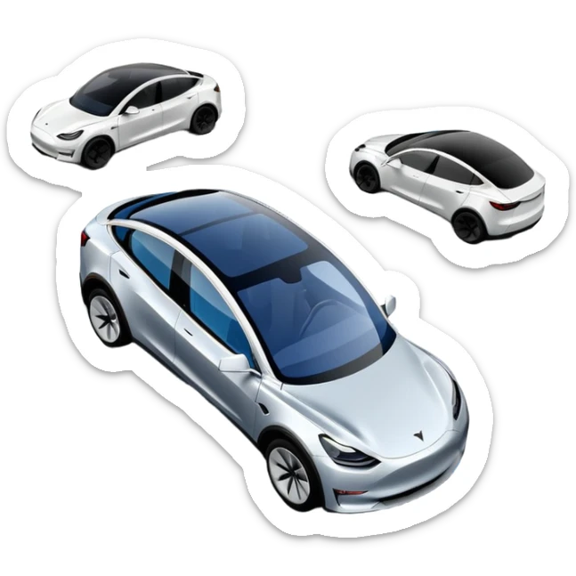 Tesla Model Y parking between two cars, seen from above. A blue line shows the planned trajectory sticker