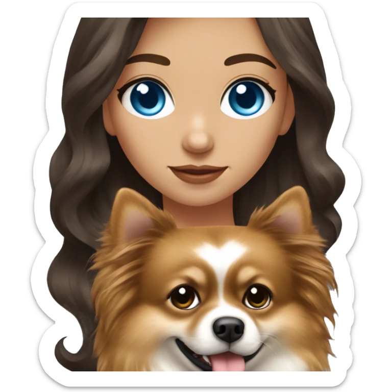 brunette long wavy hair girl blue eyes with Pomeranian sticker