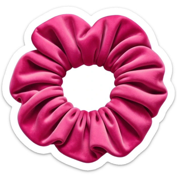 emoji of an isolated velvet scrunchie in a rich pink-red color, plush soft texture with deep velvety shading, gathered fabric folds, fashion accessory, no person, no hair, not worn, smooth warm lighting, clean rounded shape sticker