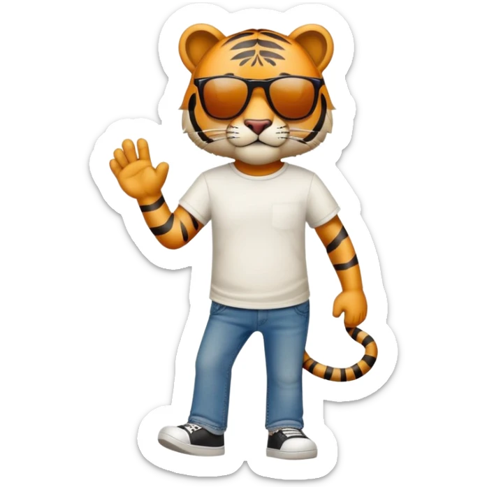 anthropomorphised tiger in a band t-shirt and jeans wearing sunglasses walking upright sticker