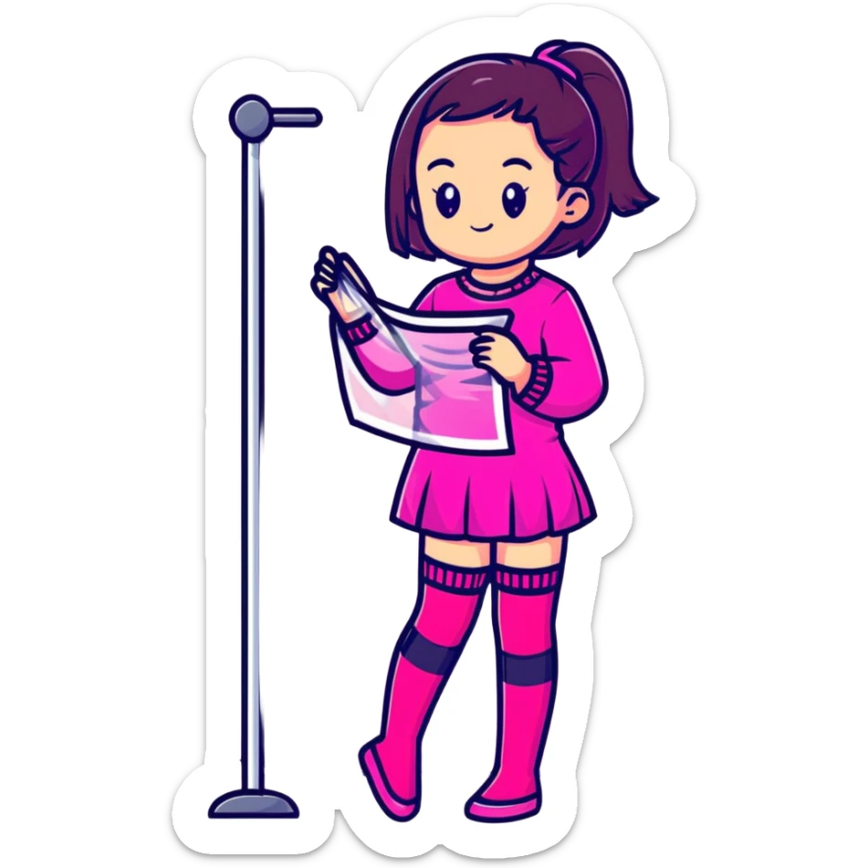 Cute girl character in stockings adjusting fashion accessory, bright pink gradient, transparent glass style with highlights sticker