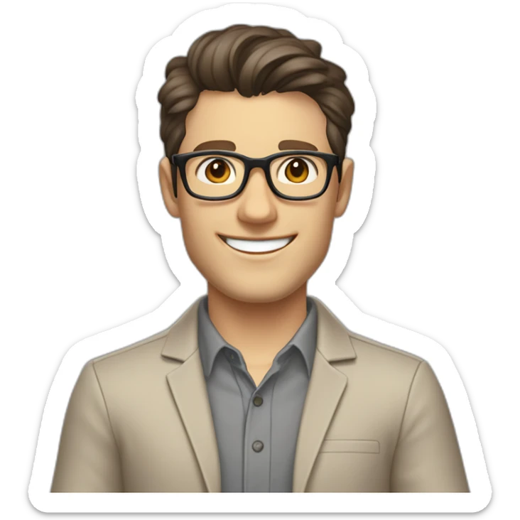 Joyful Pale skinned Fit Man With dark brown hair in gray jacket, beige office shirt, Brown pants and vintage glasses. His thrumbs up sticker