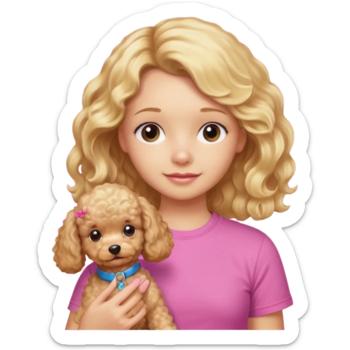 hazme un emoji que sea una niña rubi con el pelo ondulado i una camiseta rosa que ponga brownie, i acariciando a un perro (caniche toy) si pero con el pelo mas largo i no tan rubia sticker