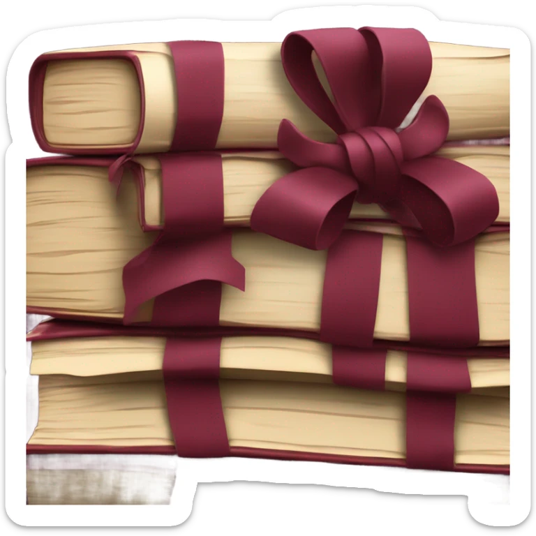 burgundy books stacked up and tied together by a burgundy bow sticker