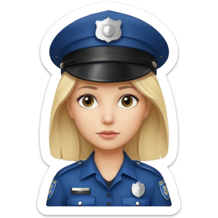 A blonde woman wearing a dark police hat with a silver badge, looking straight ahead with a calm expression. sticker