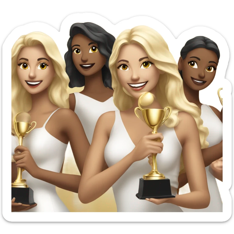 Six beautiful and elegant blonde and Latina models celebrating with 1 huge gold trophy sticker