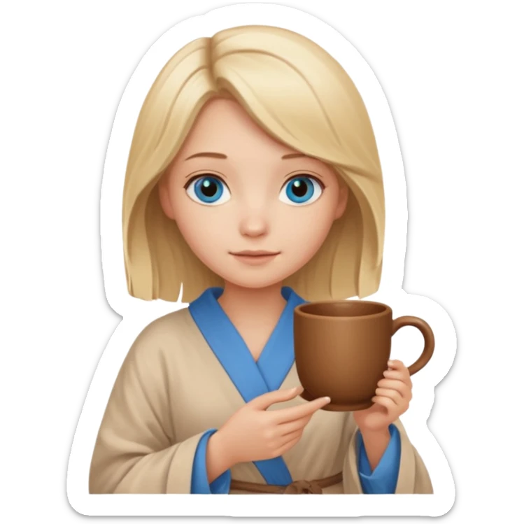 cozy blonde girl with middle length hair and blue eyes holds a brown cup in abeige  robe sticker