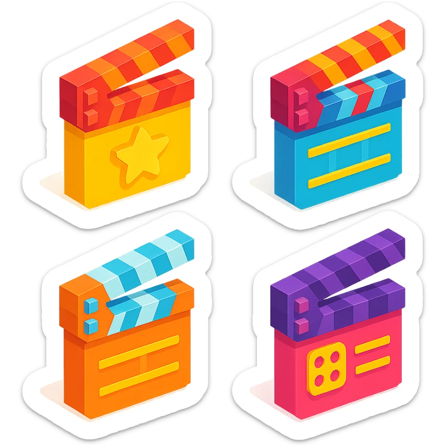 isometric view set of movie clapperboards in voxel style, various colors and patterns on lids, some with stars, stripes, or film icons sticker