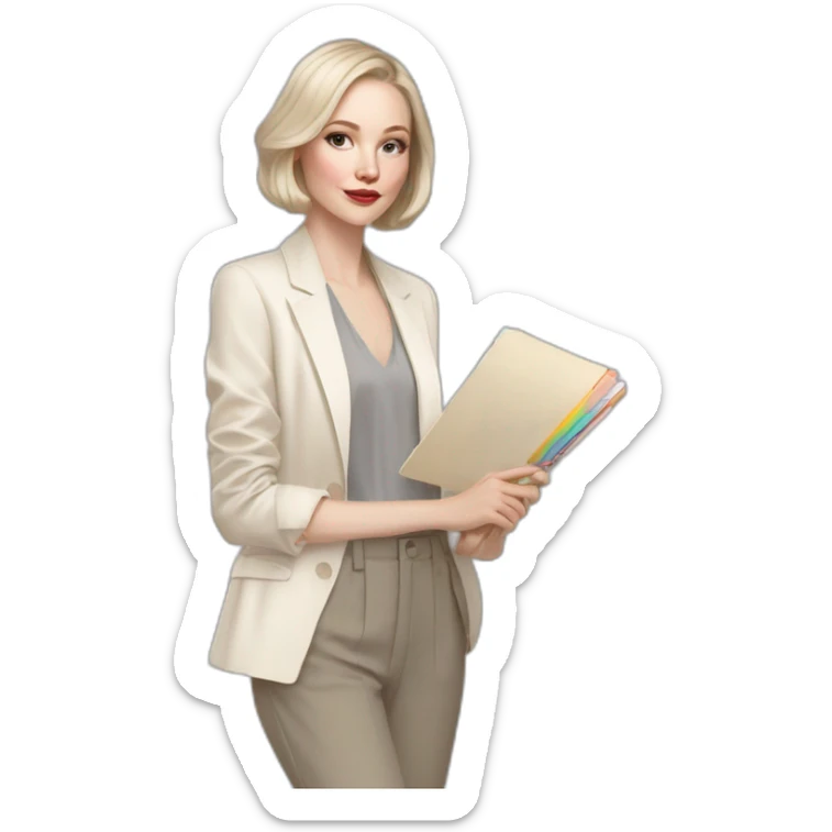 pale skin woman with ash blonde Straightened bob Hair, White Spacious classical jacket, beige palazzo Arrow pants and gray blouse holding a color palette in the hands sticker