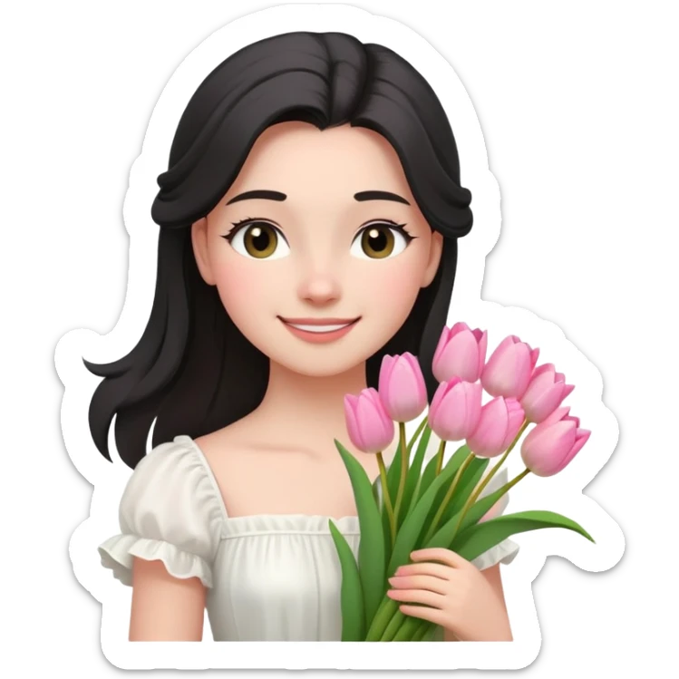  A girl Squint your eyes and smile with a black half-up half-down hairstyle, and a white dress, enjoying the spring breeze.Holding a bundle of pink tulips sticker