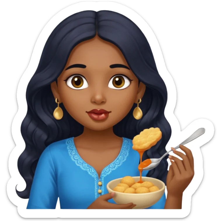 a pretty indian bratz girl with wavy long black hair. eyeliner on, wearing a blue kurti, eating golgappa (without spoon) sticker