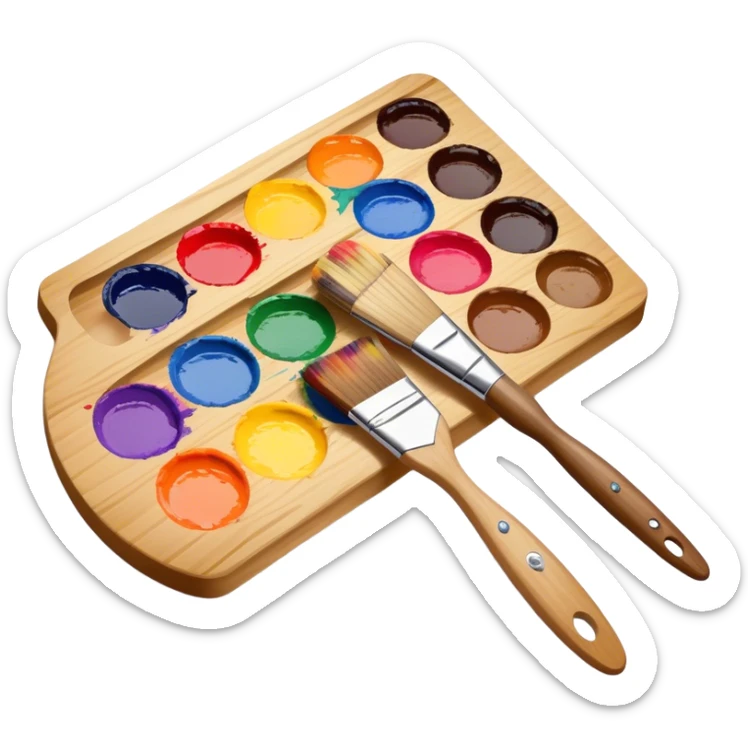 Cinematic Realistic image of a vibrant paint palette and brush, featuring a wooden palette smeared with an array of richly blended colors and a finely detailed brush with soft, delicate bristles, set against a softly textured background that evokes artistic inspiration sticker