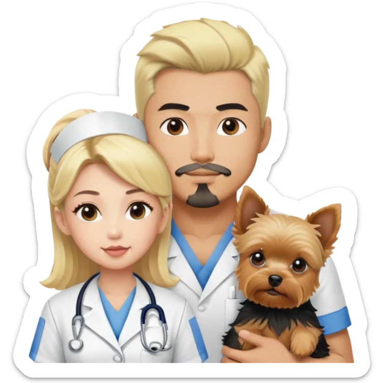Blonde nurse next to black haired Korean Asian handsome muscular man.  black pointy hair full goatee.   Holding one blonde yorkie.  sticker