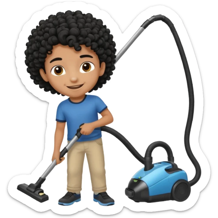 Emoji to encourage kids to do chores - should contain something about house chores, ok replace the broom with a vaccum make it atheltic boy 8 years old - egyptian with curly hair sticker