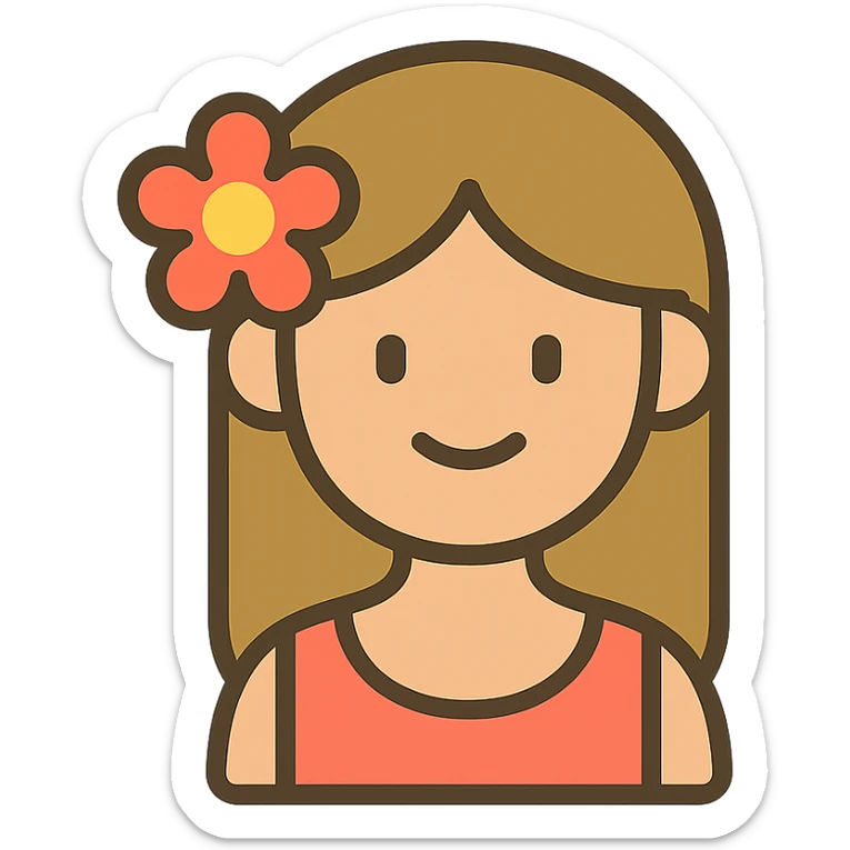 girl with straight hair, flower in her hair, summer vibe colored icon sticker