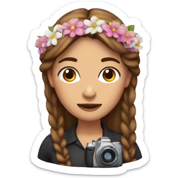 woman with brow hair, flowery hairband and camera sticker