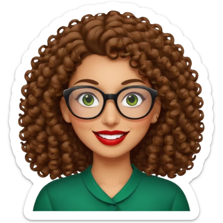 40 yr old Iranian woman, light brown very curly thick hair, shoulder length hair, green eyes, tan skin, big smile, big glasses sticker