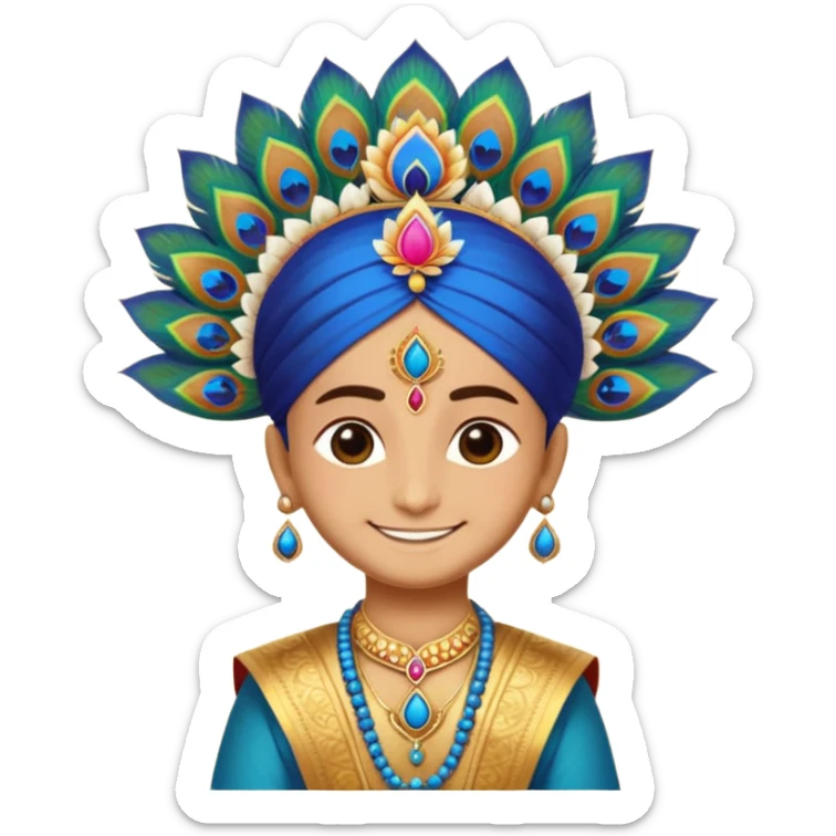Create a cute and divine emoji of Khatu Shyam Ji with a charming smile, glowing aura around the head, traditional Rajasthani attire, peacock feather on the crown, tilak on the forehead, holding a lotus flower, with a soft golden background and spiritual energy radiating from the emoji face." sticker