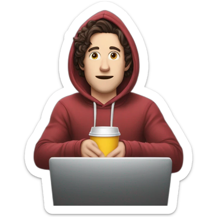 Bighead josh brener from silicon valley in hoodie sittin on a computer chair holding a big gulp sticker