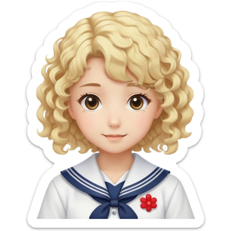 Sweet anime girl with blonde curly hair wearing Japanese sailor style school uniform, gentle smile, kawaii style sticker