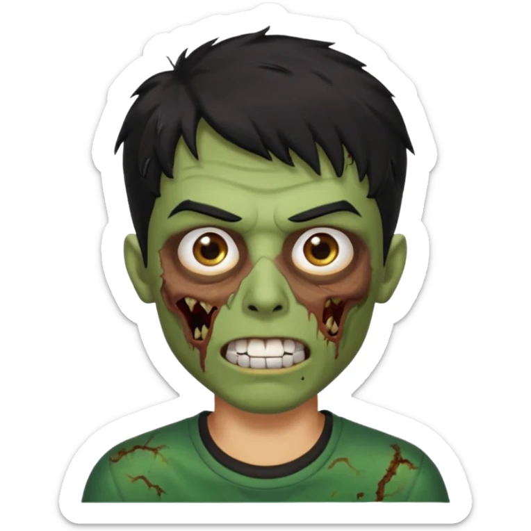 zombi emoji man with a fringe wavy medium black hair, mouth with a white teeth, nose, eyes brown, brown eyebrow, green skin, black shirt sticker