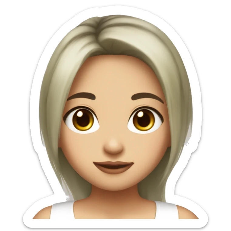 asian, white highlights hair, olive skin, wearing white tank top, big cute eyes sticker