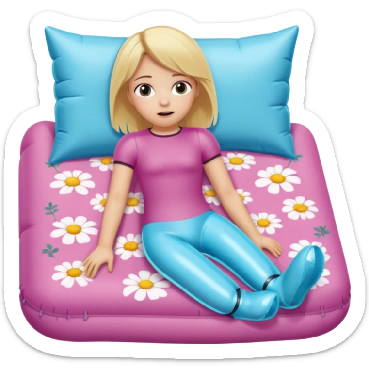 chica rubia con cara de miedo con unas botas de presoterapia inflables tirada en una cama sticker