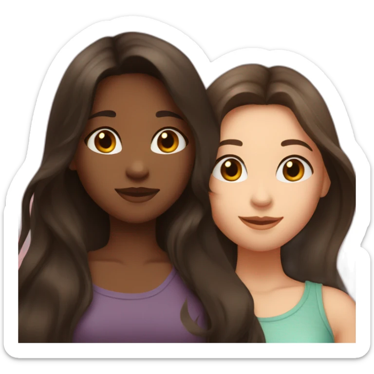 one girl long dark hair and clear skin and one girl long brown hair and darker skin hugging sticker