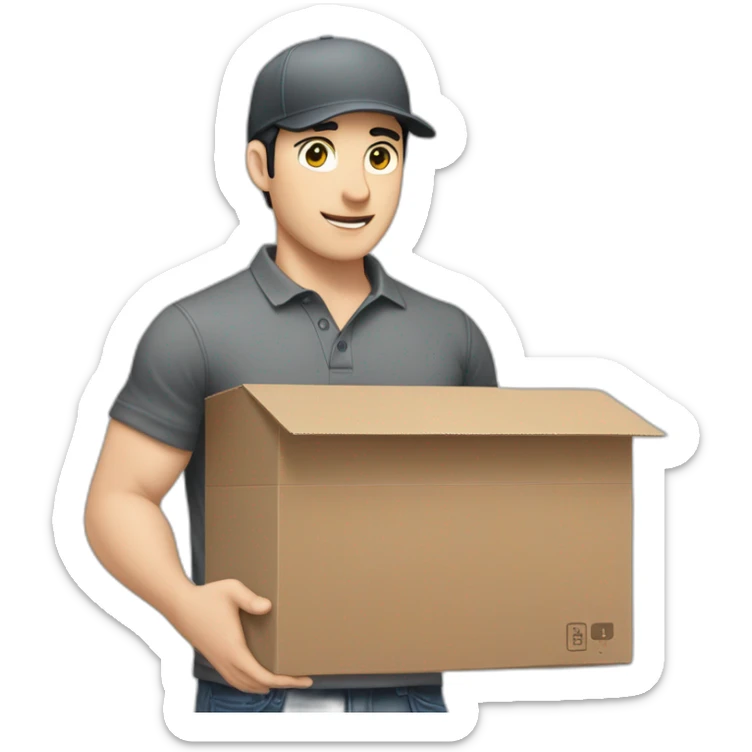 Pale skinned fit Man with black hair in a gray cap and dark gray polo T-shirt keeping a packed box into his hands sticker