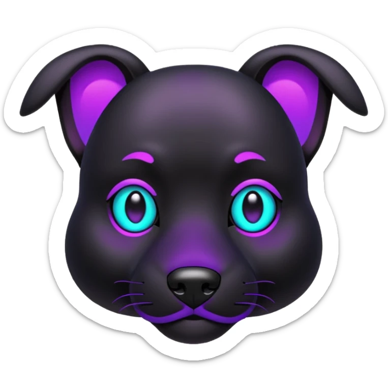 futuristic glowing black dog emoji, neon cyan eyes, purple #8B5CF6 highlights, tech minimal style, dark background sticker