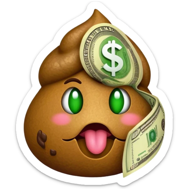 Poop emoji with dollar sign eyes, sticking out its green tongue with a money logo also on it sticker