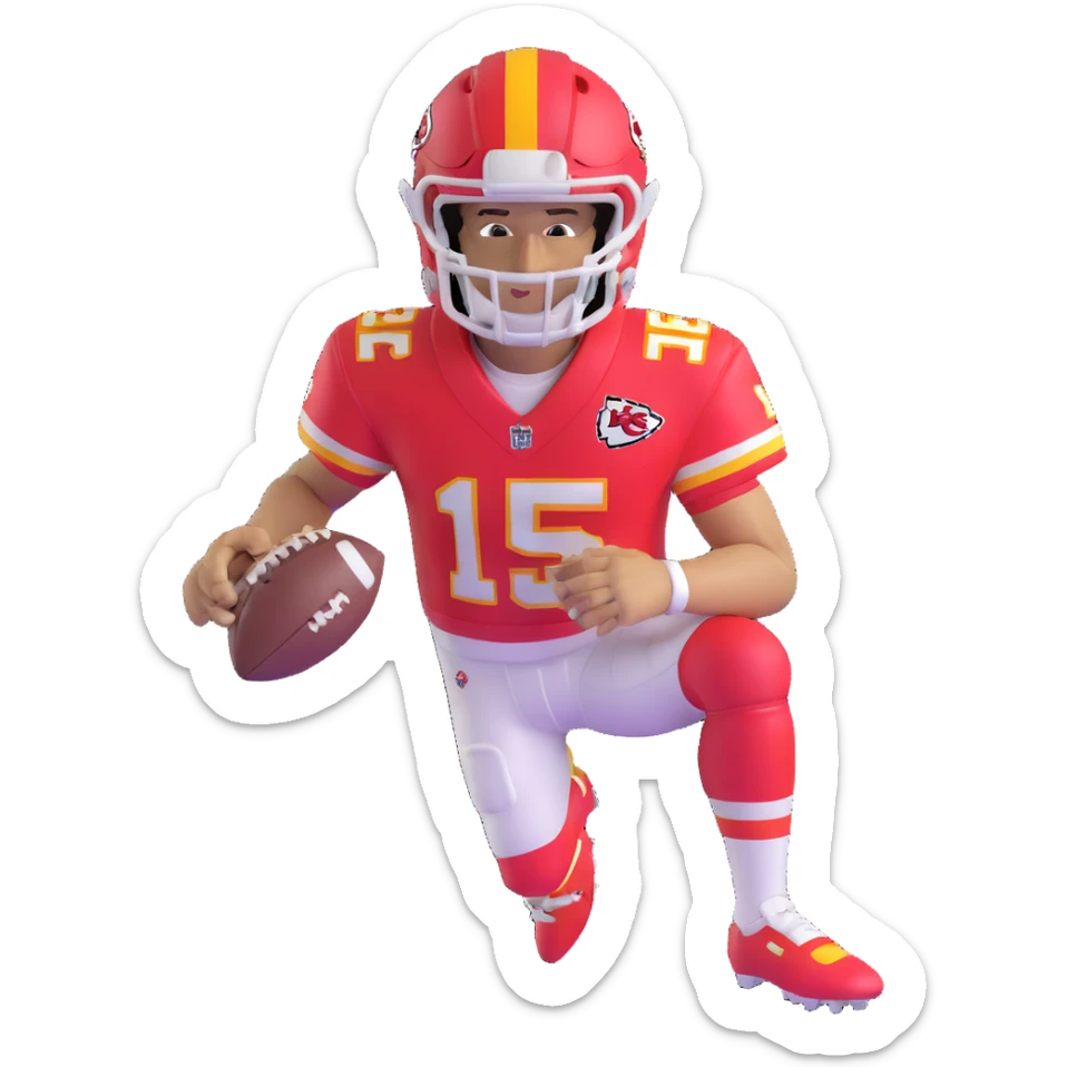 Patrick Mahomes, Kansas City Chiefs quarterback with curly hair, football uniform sticker
