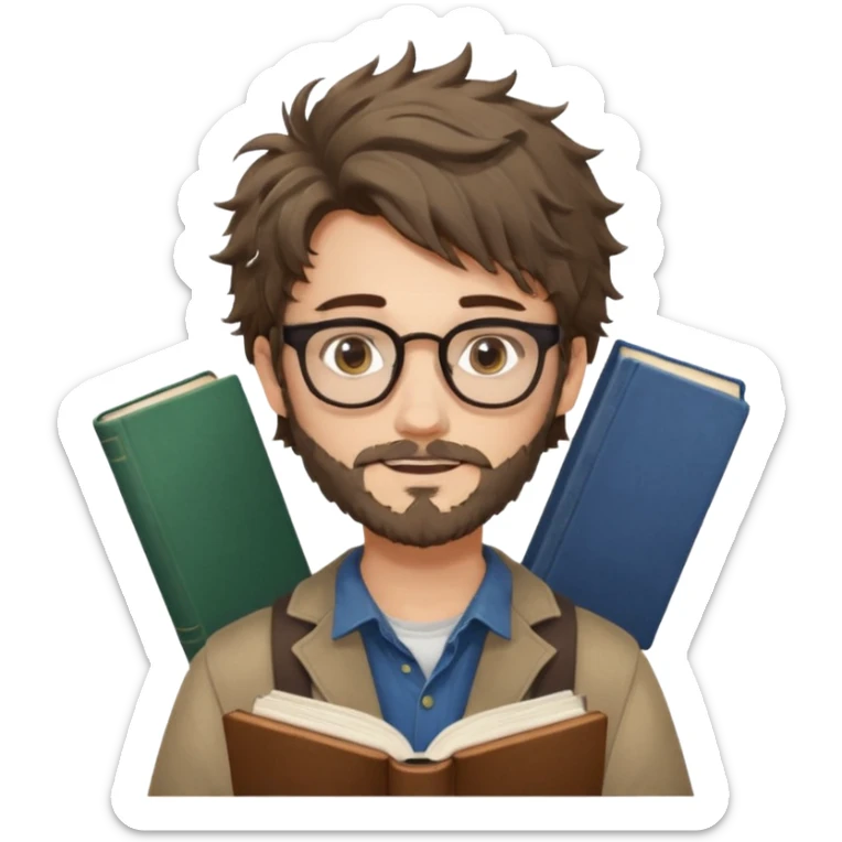 generate an ios genmoji of a fair 20 year guy with faint beard, spectacles, messy hair, books in hand sticker
