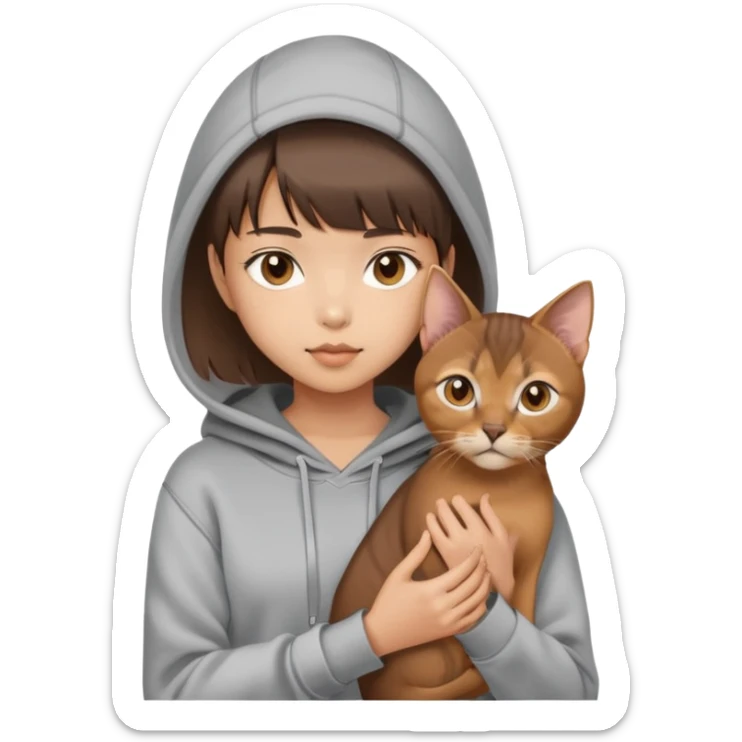 a asian girl with short brown hair and bangs holding an Abyssinian cat， wearing grey hoodie sticker