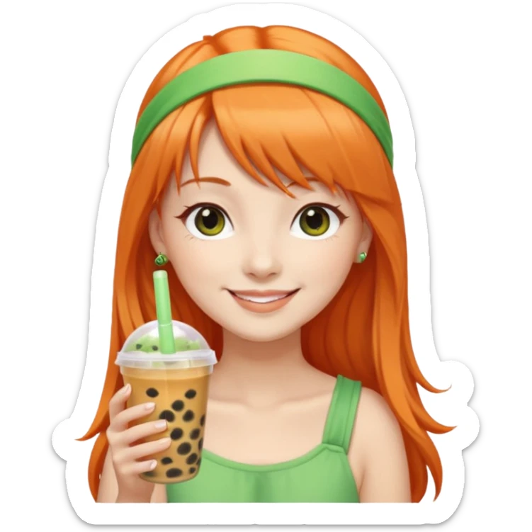 Create an emoji of a fair-skinned woman with long orange hair, bangs, and a green headband, holding a cup of bubble tea. sticker