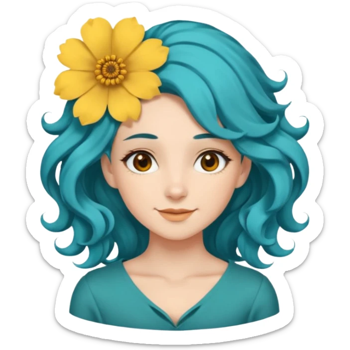 A woman with wavy teal-blue hair styled in loose curls. Her hair is adorned with large golden-yellow flower petals She has soft brown eyes, smooth skin, and a small friendly smile on her face. sticker