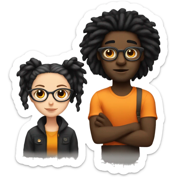 Black guy with dreads and glasses and a white girl with dark black hair holding an orange cat sticker