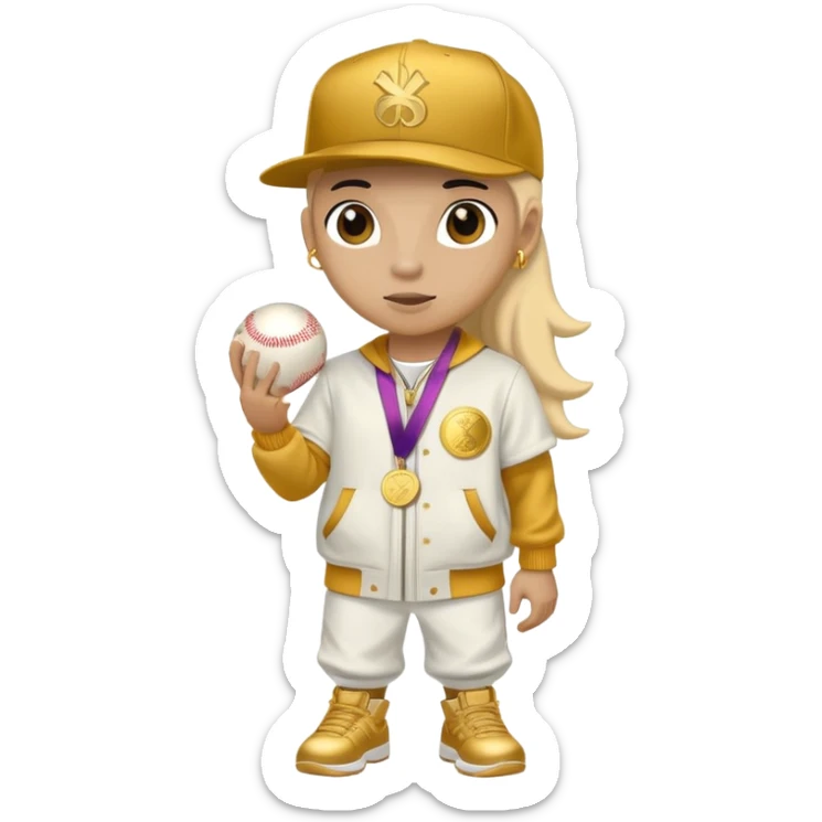 anthropomorphised horse in a hip-hop outfit, wearing a gold medal and a baseball hat sticker